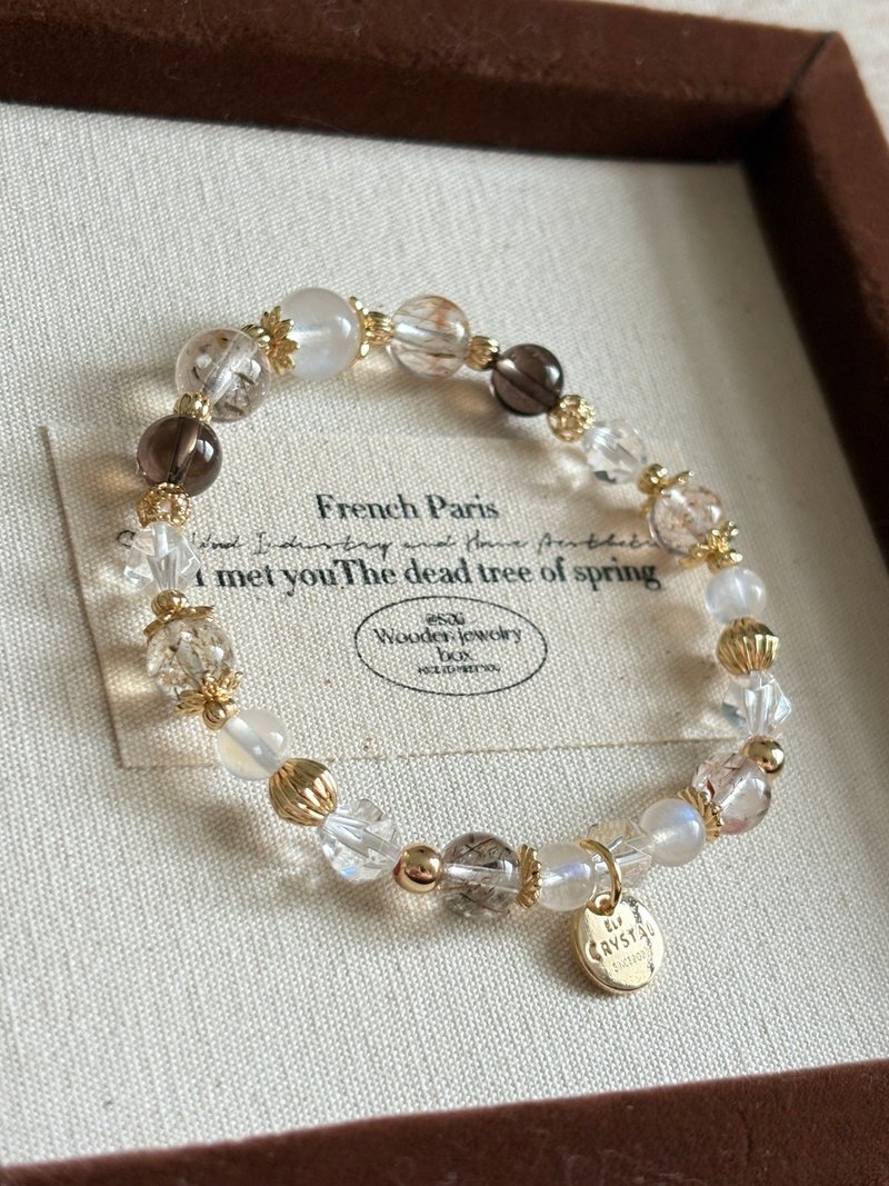 初雪///清理负能量 守护爱情//水晶手链月光石黑金超茶水晶白水晶 - 手链/手环 - 水晶 白色