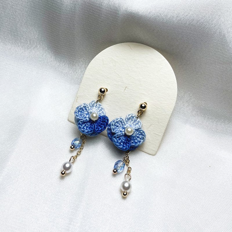 澄蓝微语 耳环 耳针 耳夹 立体 钩针 微钩 花朵 花 - 耳环/耳夹 - 棉．麻 蓝色