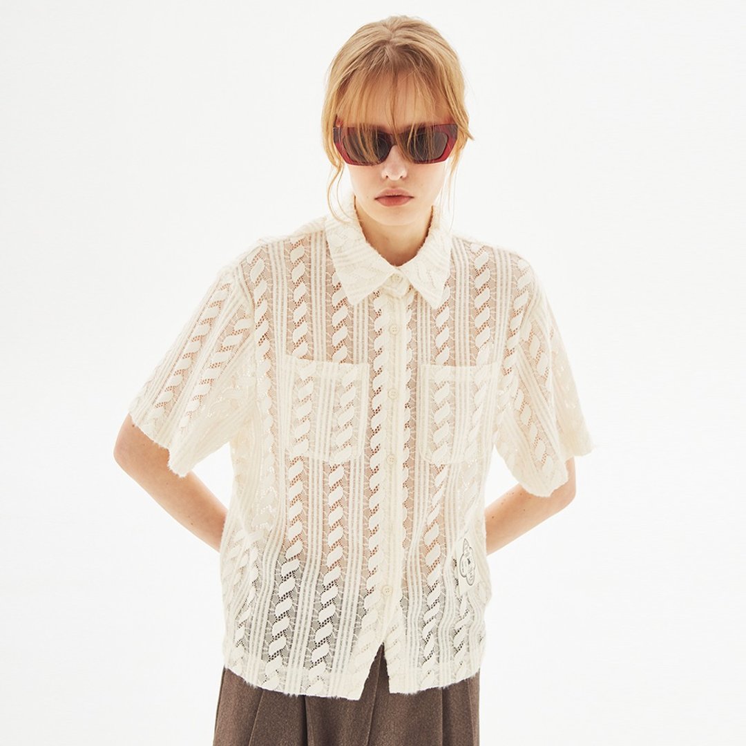 (LINE) Cable Lace Collar Shirt - 女装衬衫 - 尼龙 白色