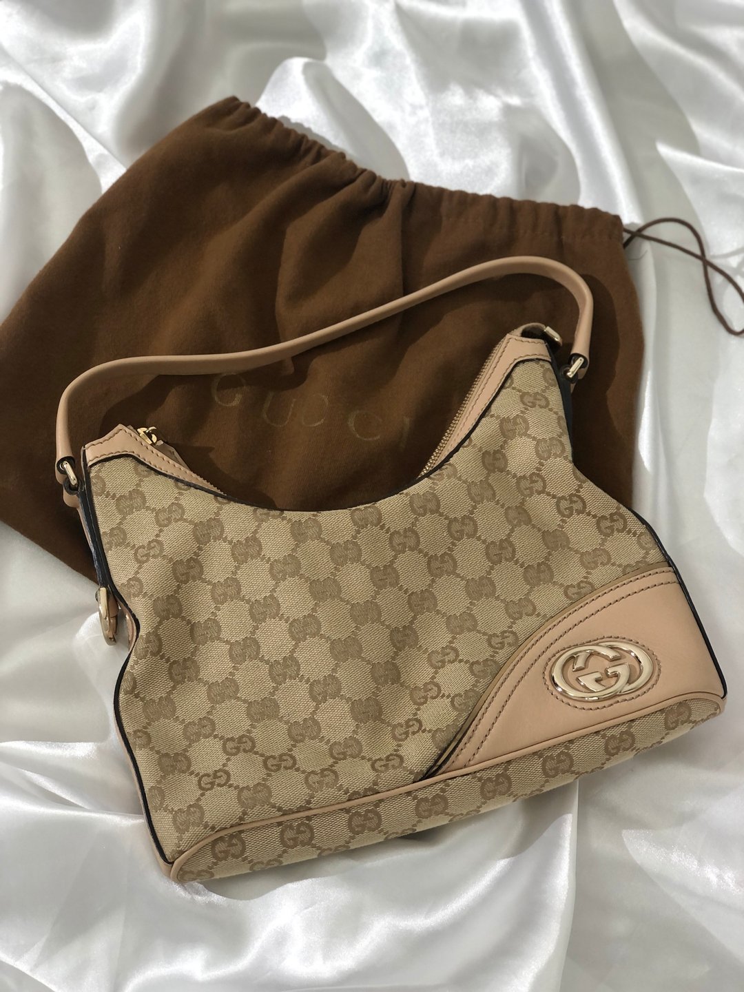 【日本直运名片二手包】GUCCI 古驰 GG 图案 GG 标志帆布皮革流浪包单肩包米色老古驰 y4h8mn - 手提包/手提袋 - 真皮 咖啡色