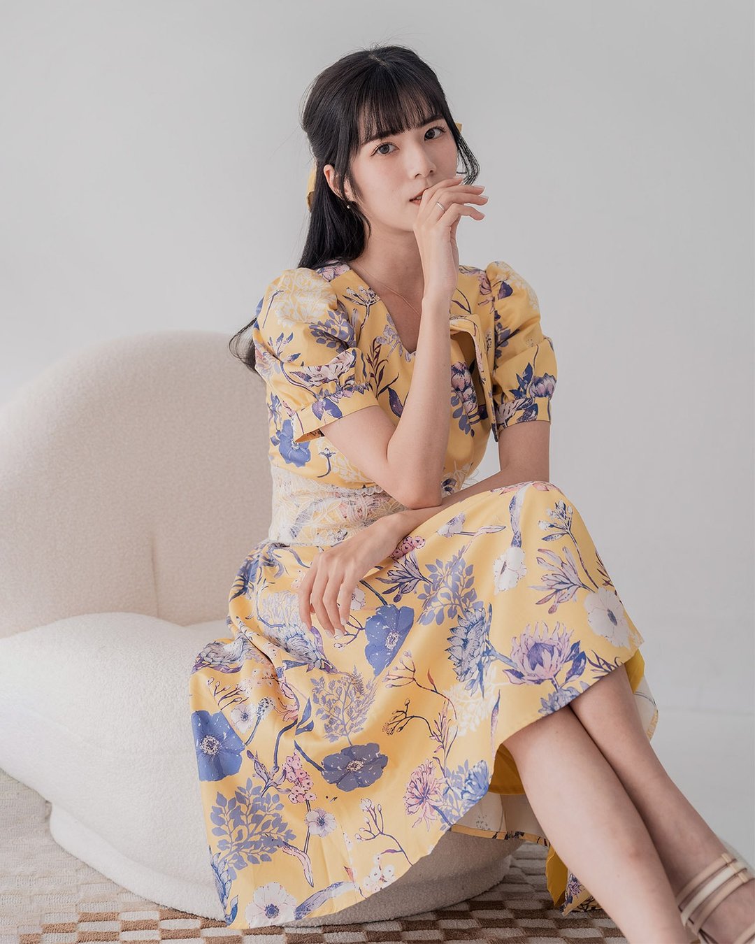 【波丽印花】法国女伶 蕾丝腰封 短袖印花洋装 皇后黄 S-XL - 洋装/连衣裙 - 棉 黄色