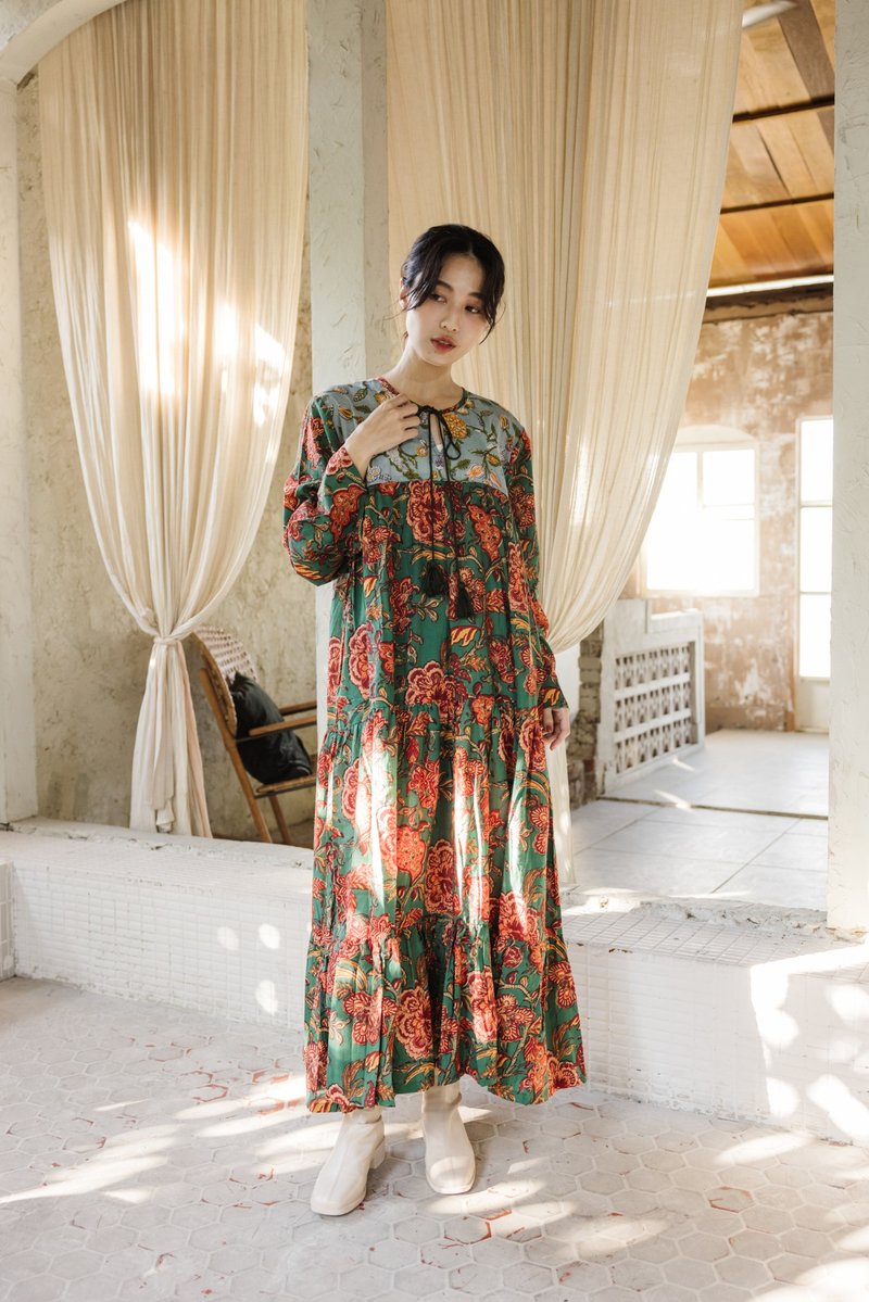 前绑带宽袖拼接洋装_蓝绿花 - 洋装/连衣裙 - 棉 蓝色