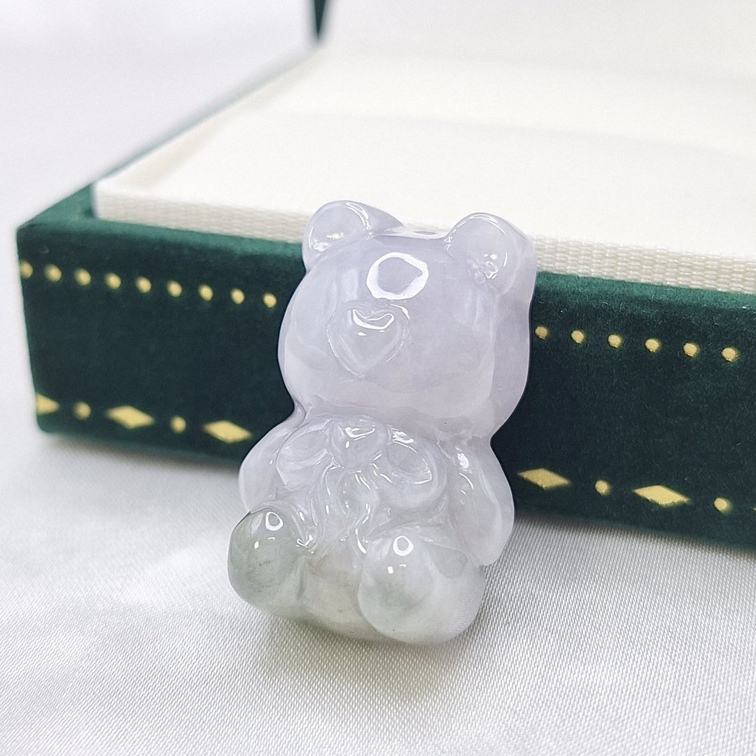 冰紫罗兰 飘花 小熊 吊坠 | 天然缅甸玉A货翡翠 - 项链 - 玉石 