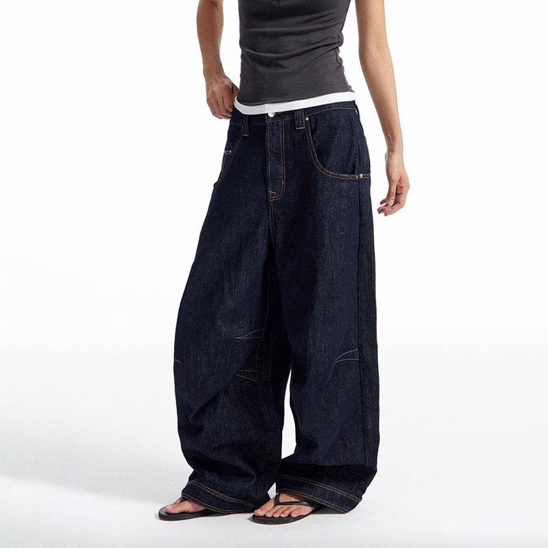 原色丹宁 / 弧形弯刀廓形牛仔裤 - 中性裤装 - 棉．麻 蓝色