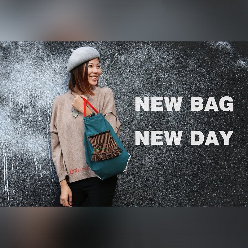 深绿束口后背包 - 束口袋双肩包 - 棉．麻 绿色