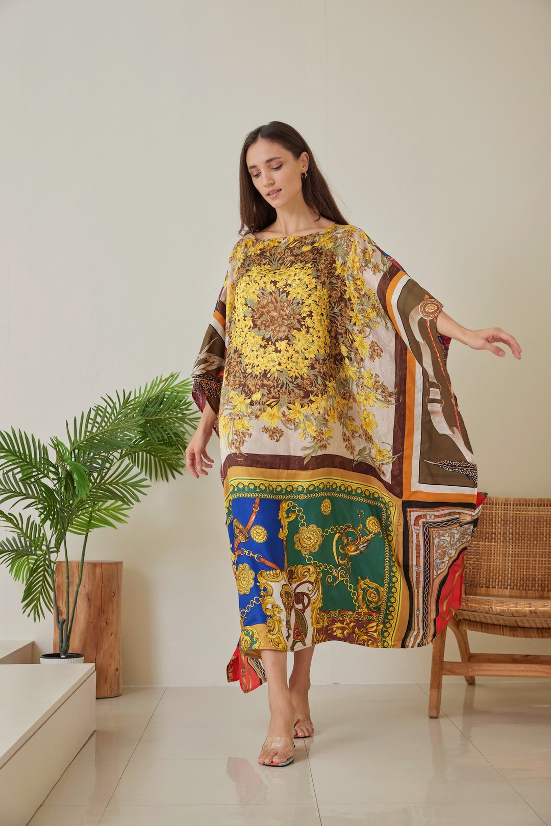 Silk Scarves Patchwork Kaftan, Women Plus Size, Floral Vintage, Designer Caftan - 洋装/连衣裙 - 丝．绢 金色