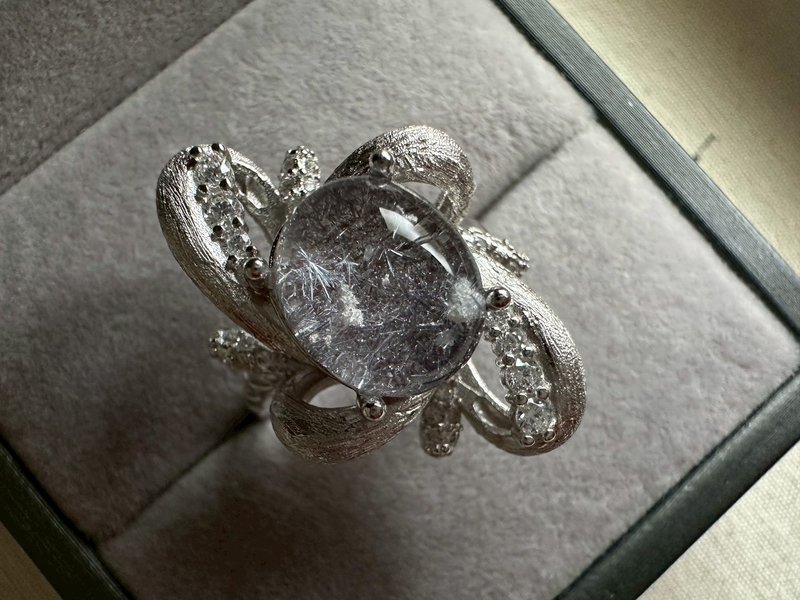 蓝线炸花与白幽灵共生水晶 s 925银戒 - 戒指 - 水晶 
