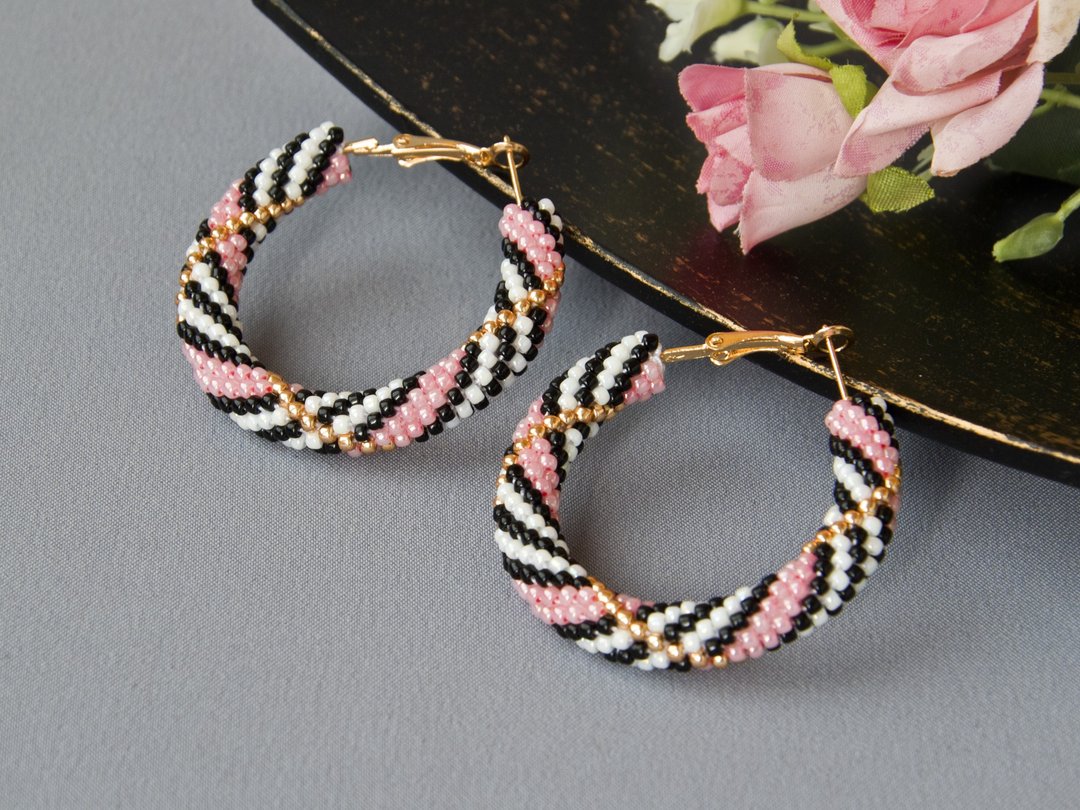 Bead crochet kit hoop earrings, Jewelry diy kit, PDF crochet pattern, diy kits - 其他 - 玻璃 粉红色