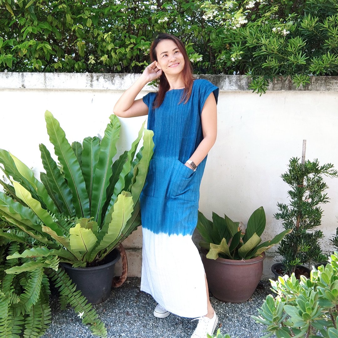 Maxi Dress Indigo Dyed 3 Tones White Hem - 洋装/连衣裙 - 棉 蓝色
