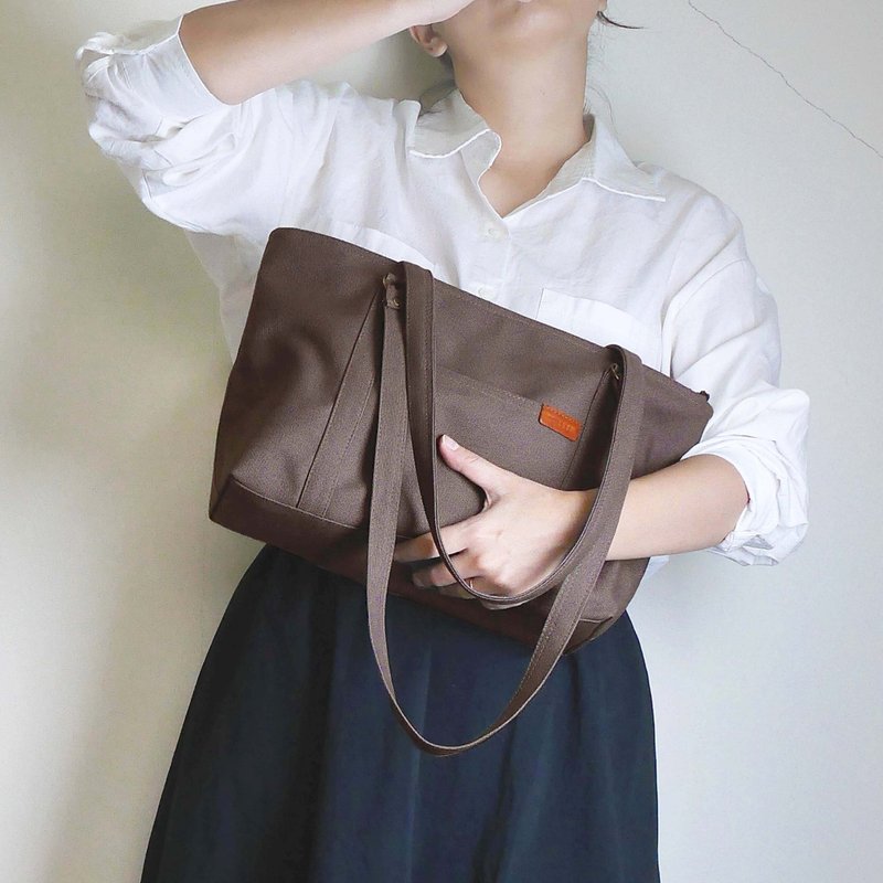 经典帆布方块宽版学院包#97松露灰 - 手提包/手提袋 - 棉．麻 灰色