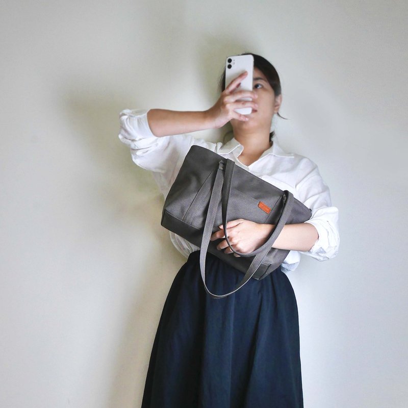 经典帆布方块宽版学院包#97松露灰 - 手提包/手提袋 - 棉．麻 灰色