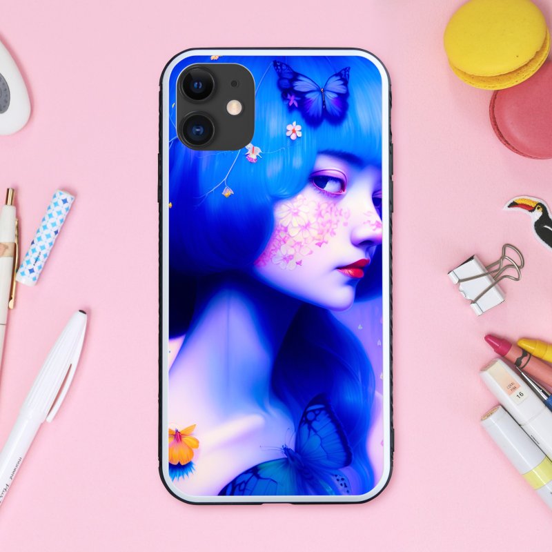 幻想可爱齐浏海女孩与蝴蝶 手机壳【强化玻璃处理】支持 iPhone16 - 手机壳/手机套 - 塑料 多色