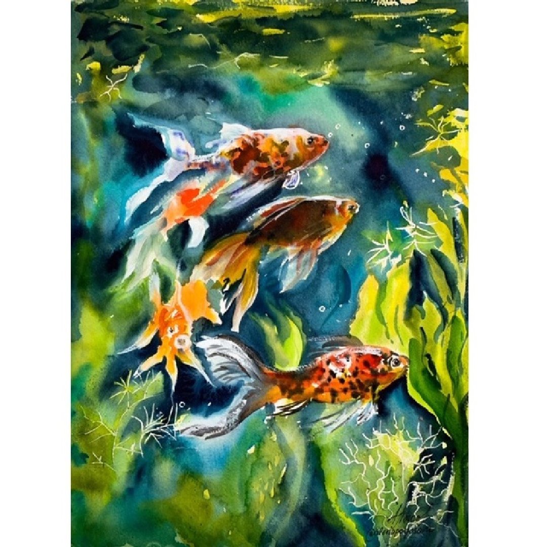 原创水彩画水族馆与金鱼艺术品水彩画 - 墙贴/壁贴 - 纸 多色