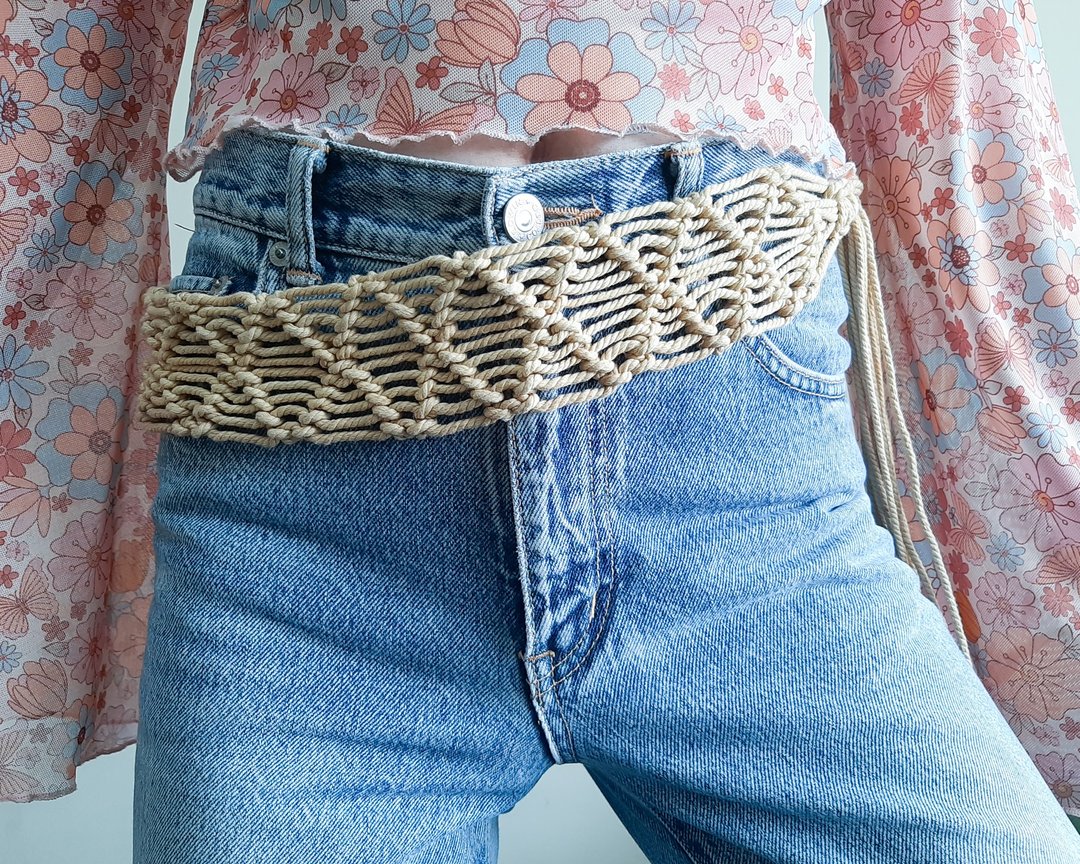 复古 Macrame 腰带 波西米亚嬉皮领带腰带 米色手工绳编嬉皮流苏 - 皮带/腰带 - 棉 卡其色