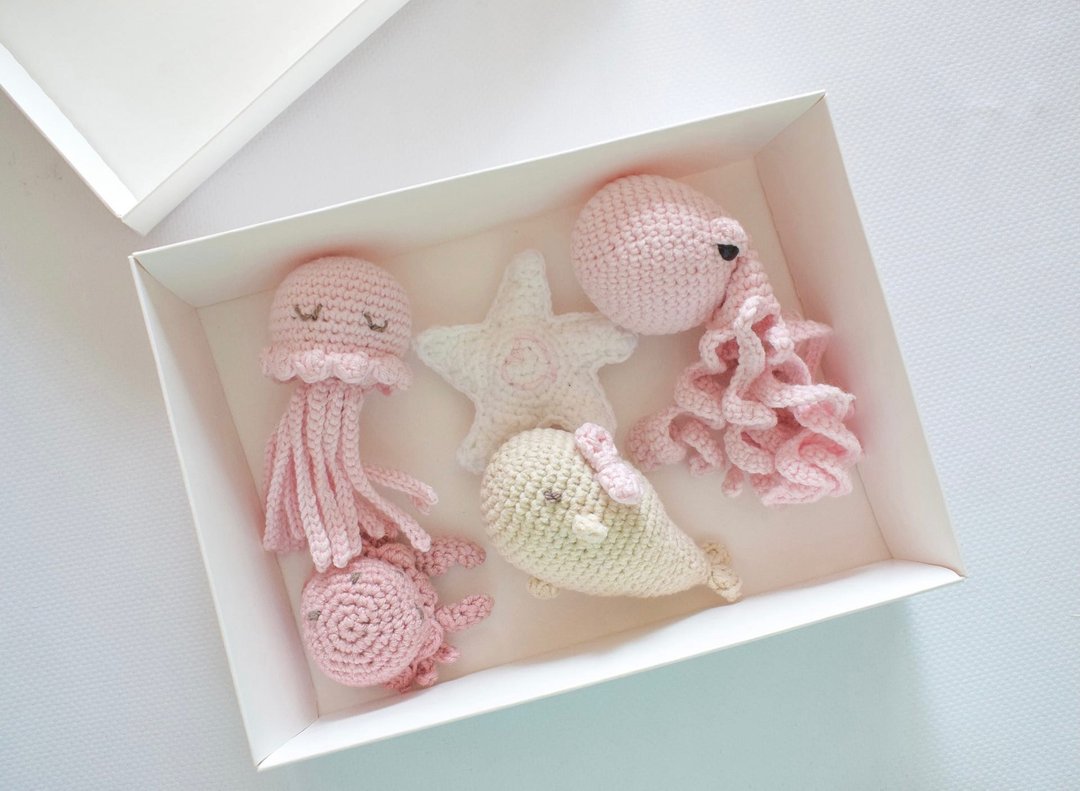 Crochet sea animals Stuffed animals Under the sea baby Baby play set for girl - 玩具/玩偶 - 其他材质 粉红色