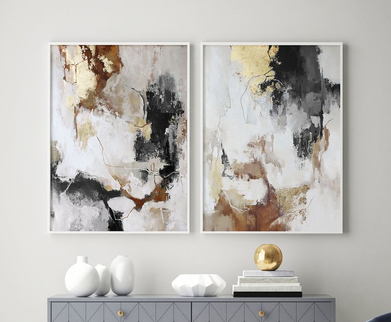灰色绘画 | 灰色和金色绘画 | 两件灰色墙壁艺术 | 灰色通量套装 - 墙贴/壁贴 - 棉．麻 灰色