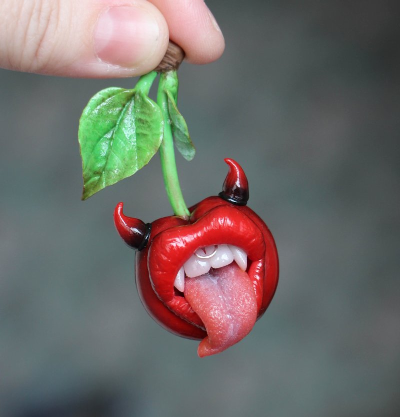 Cherry devil brooch, Witchy jewelry - 胸针 - 其他材质 红色
