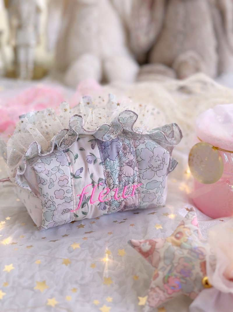 迷你荷叶边帽式收纳包 - 化妆包/杂物包 - 棉．麻 蓝色