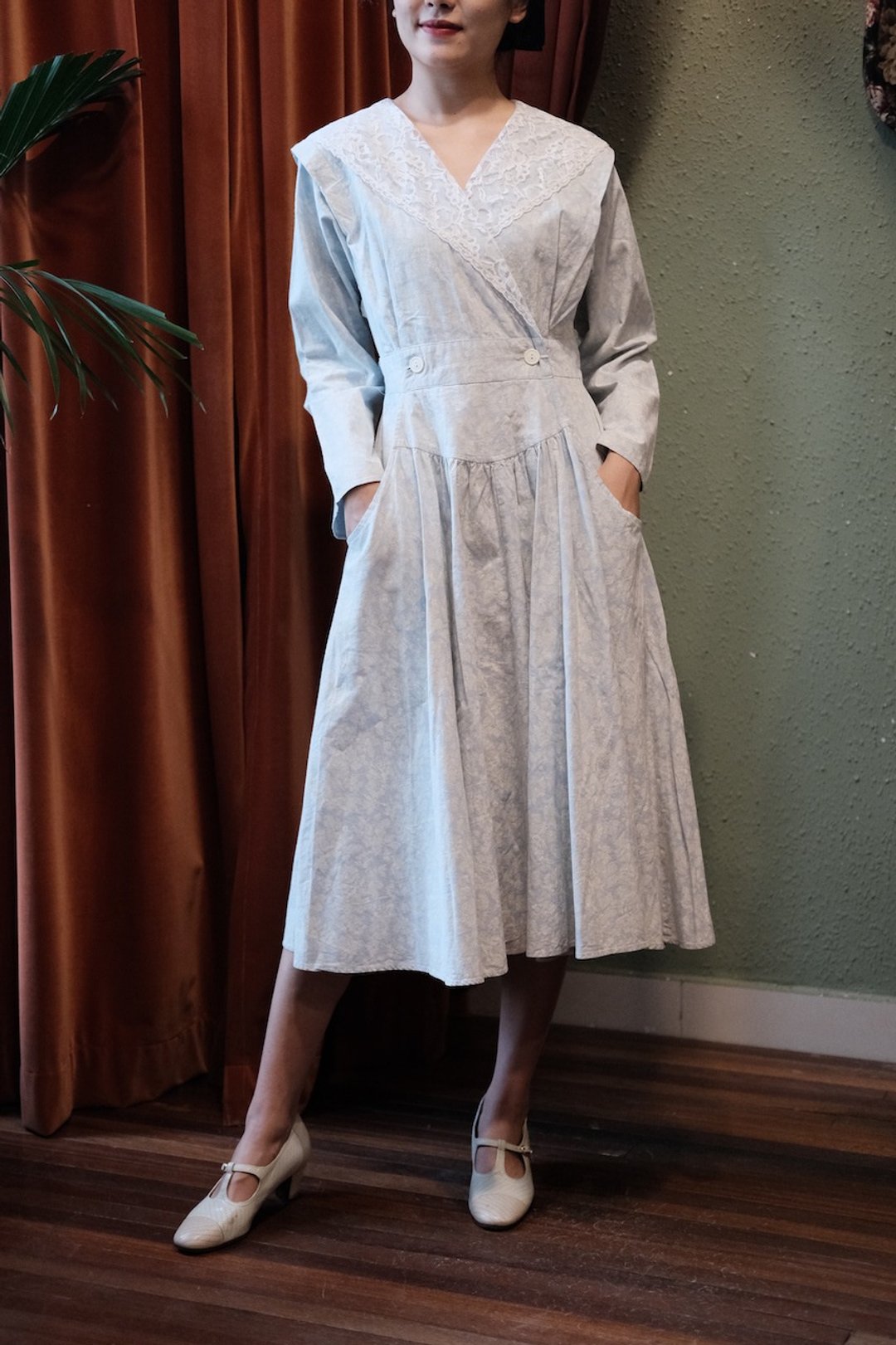 vintage dress美国制蕾丝大翻领印花连衣裙古着洋装 - 洋装/连衣裙 - 棉．麻 