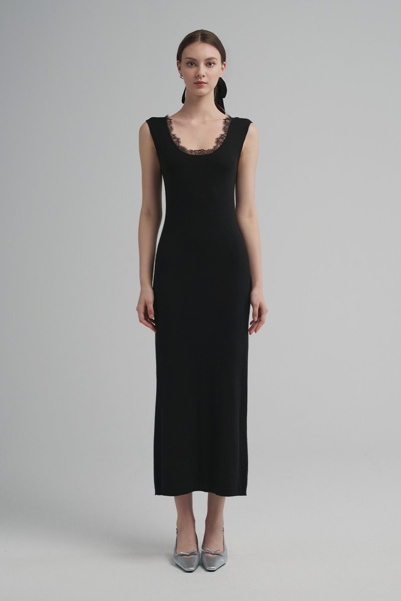 Camille极简羊绒混丝针织洋装 - 洋装/连衣裙 - 羊毛 黑色