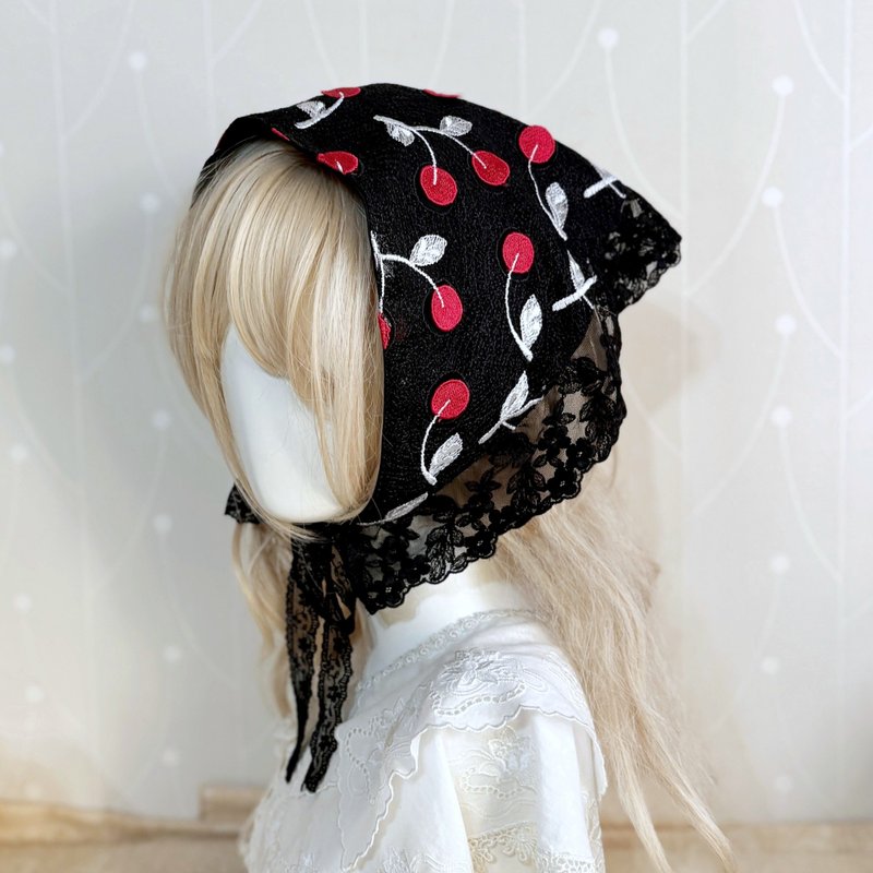 三角头巾/ 立体刺绣樱桃发带 发箍 头带 头饰 荷叶蕾丝 发饰 帽饰 - 发带/发箍 - 棉．麻 黑色