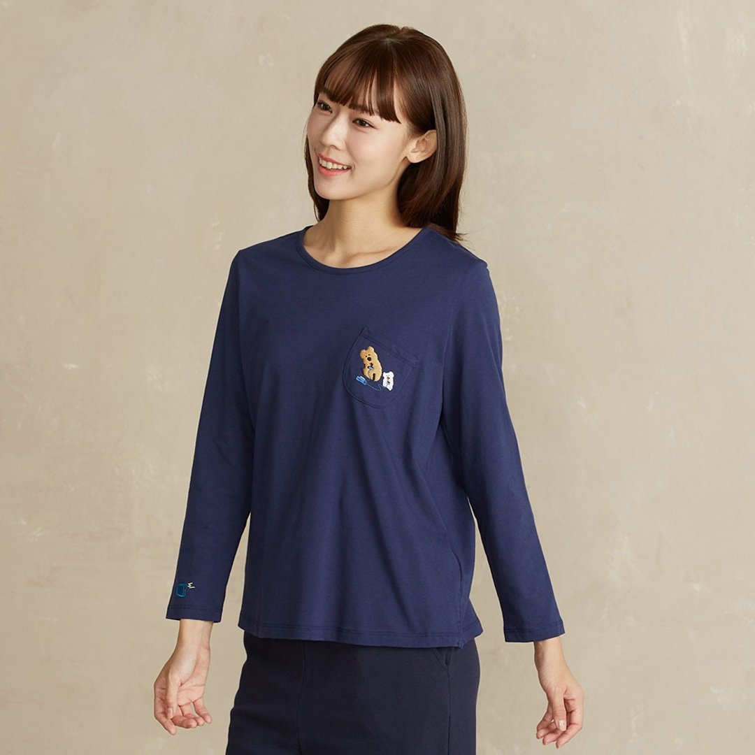 DINOTAENG | 电玩绣花上衣-星海蓝 - 女装 T 恤 - 棉．麻 蓝色