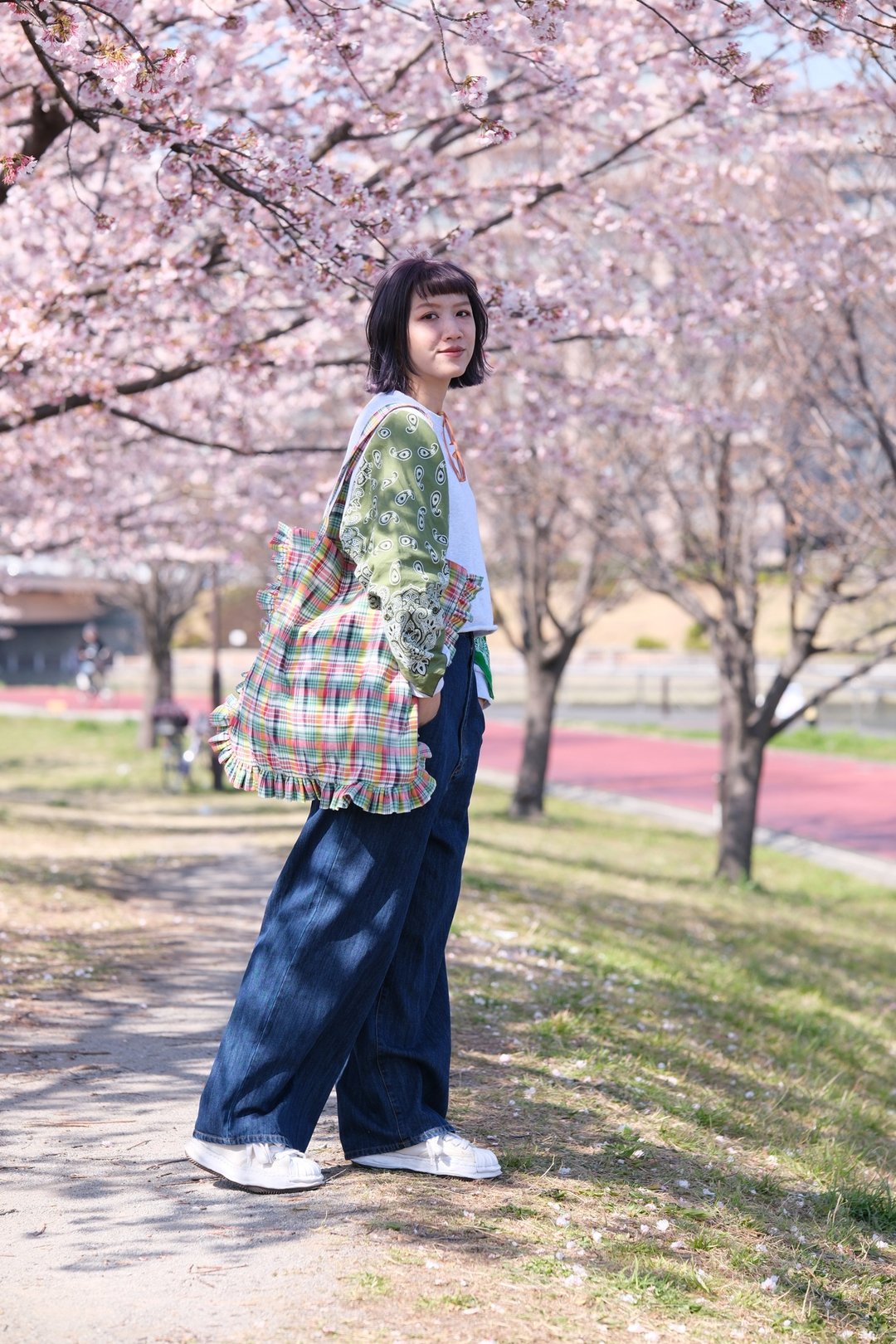 橙格/绿格 花边tote bag - 手提包/手提袋 - 棉 