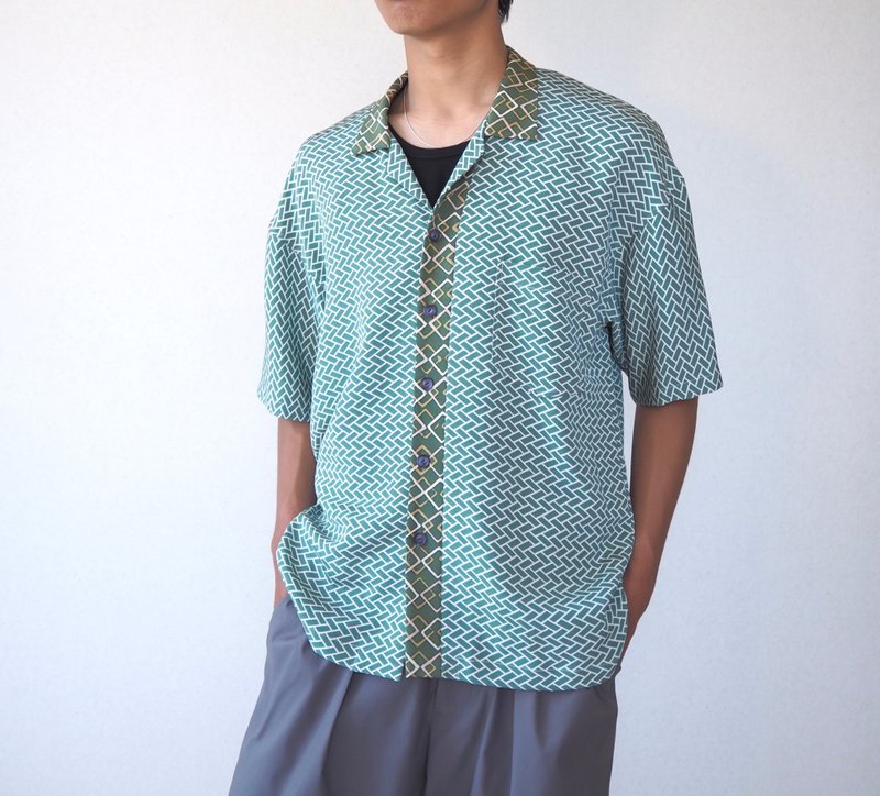【日本制造】UMUI BLACK LABEL 升级改造和服男士衬衫 L、独一无 - 男装衬衫 - 丝．绢 绿色