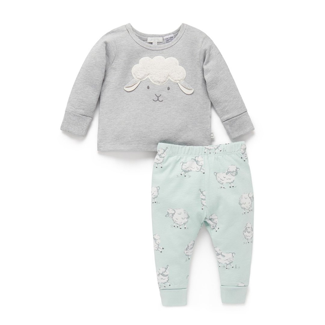 澳洲Purebaby有机棉幼童长上衣裤套装 6M-4T  灰绿绵羊 - 童装上衣 - 棉．麻 
