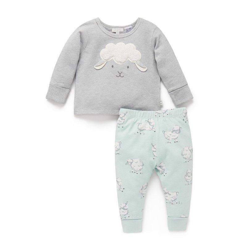 澳洲Purebaby有机棉幼童长上衣裤套装 6M-4T  灰绿绵羊 - 童装上衣 - 棉．麻 