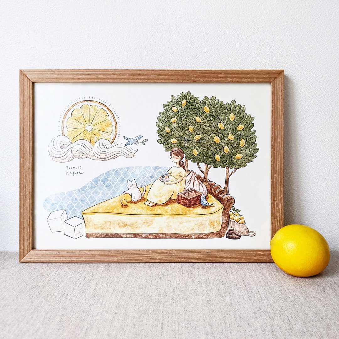 A4 White cat and lemon tart Art print - 海报/装饰画/版画 - 纸 黄色