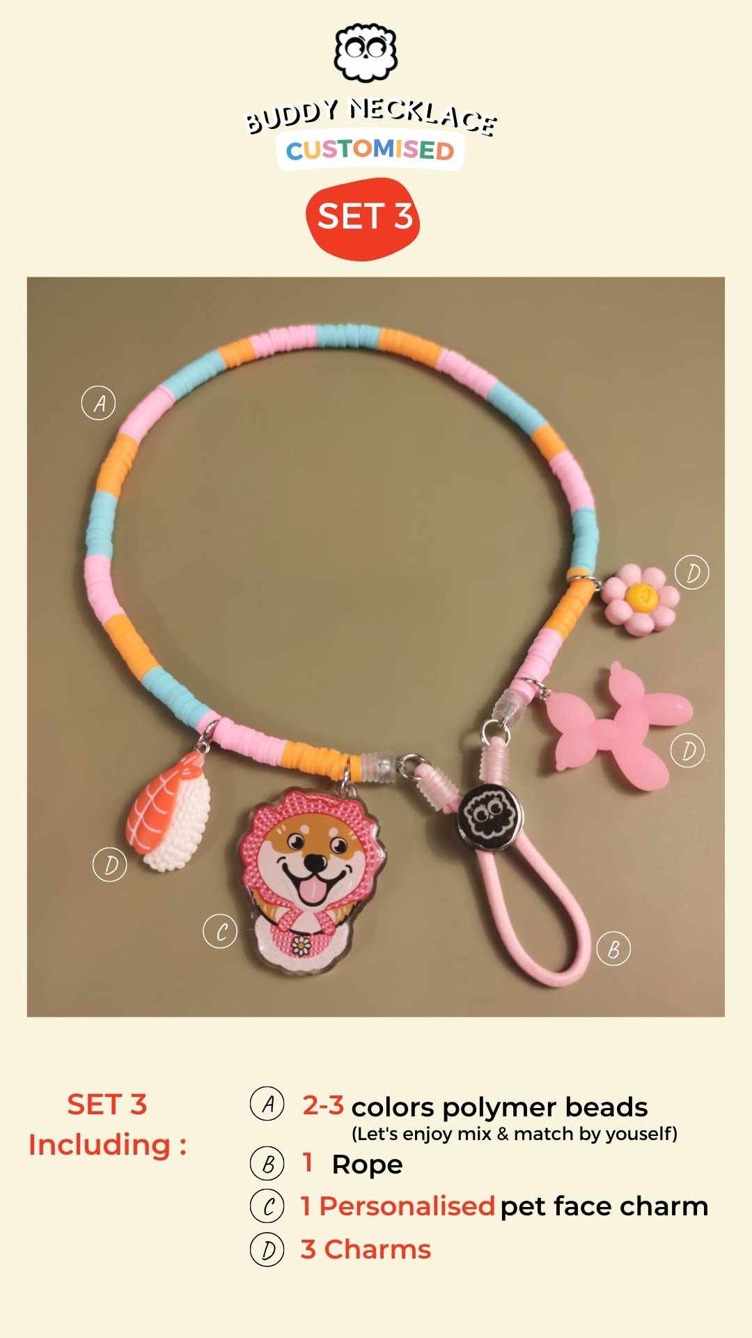 Buddy 项链套装 3 条项链/狗和猫 + 个性化宠物脸 - 项圈/牵绳 - 防水材质 