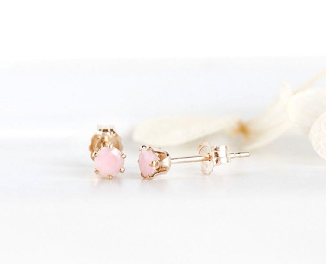 Sakura*14kgf Pink Opal Stud Earrings + Pearl Catch - 耳环/耳夹 - 宝石 
