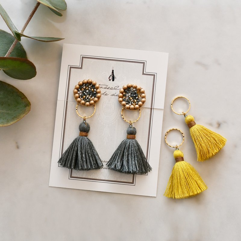 3way tassel earrings/Beads pink - 耳环/耳夹 - 绣线 灰色