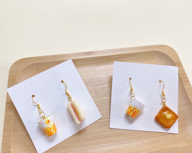 港式 外卖下午茶 / 手工黏土耳环 - 耳环/耳夹 - 粘土 橘色