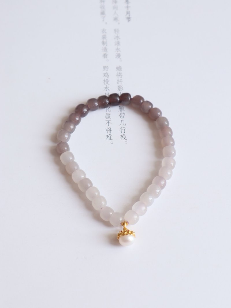 天然和田玉 /和阗玉 渐变色原矿烟紫玉 银镶珍珠设计单圈手串fs - 手链/手环 - 宝石 紫色