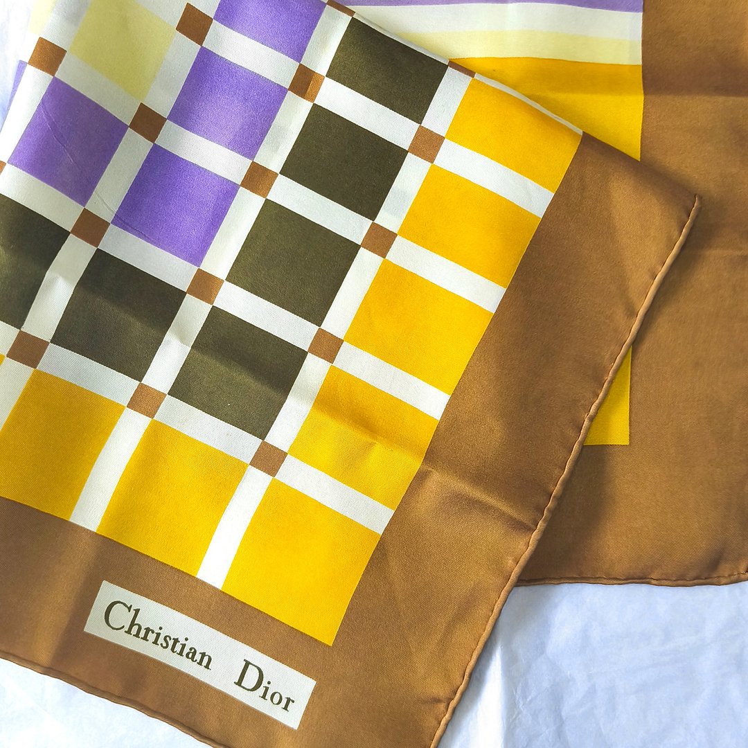 复古 Christian Dior 几何格纹丝巾 (21x21 英寸) - 丝巾 - 棉．麻 橘色