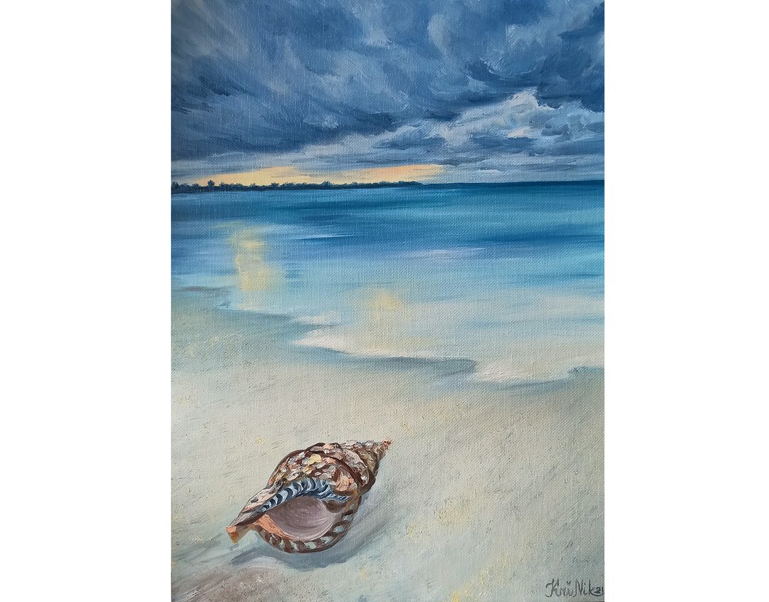 Beach Painting Seascape Canvas Oil Painting Seashell Original Art Sunset Artwork - 海报/装饰画/版画 - 其他材质 卡其色