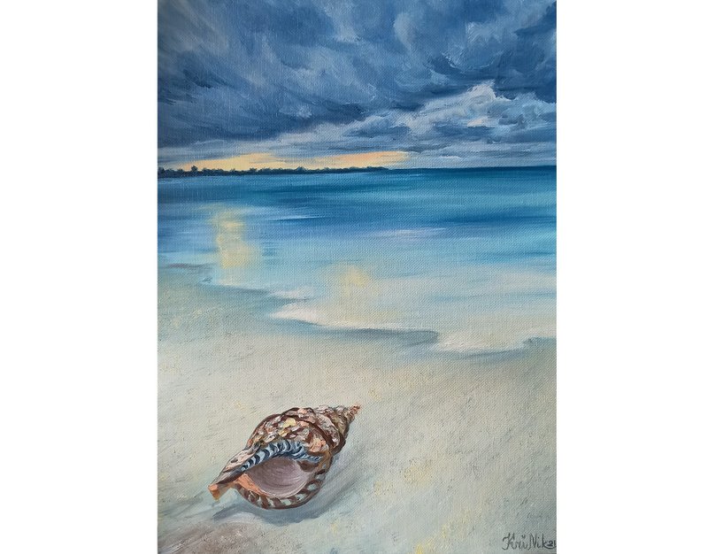 Beach Painting Seascape Canvas Oil Painting Seashell Original Art Sunset Artwork - 海报/装饰画/版画 - 其他材质 卡其色