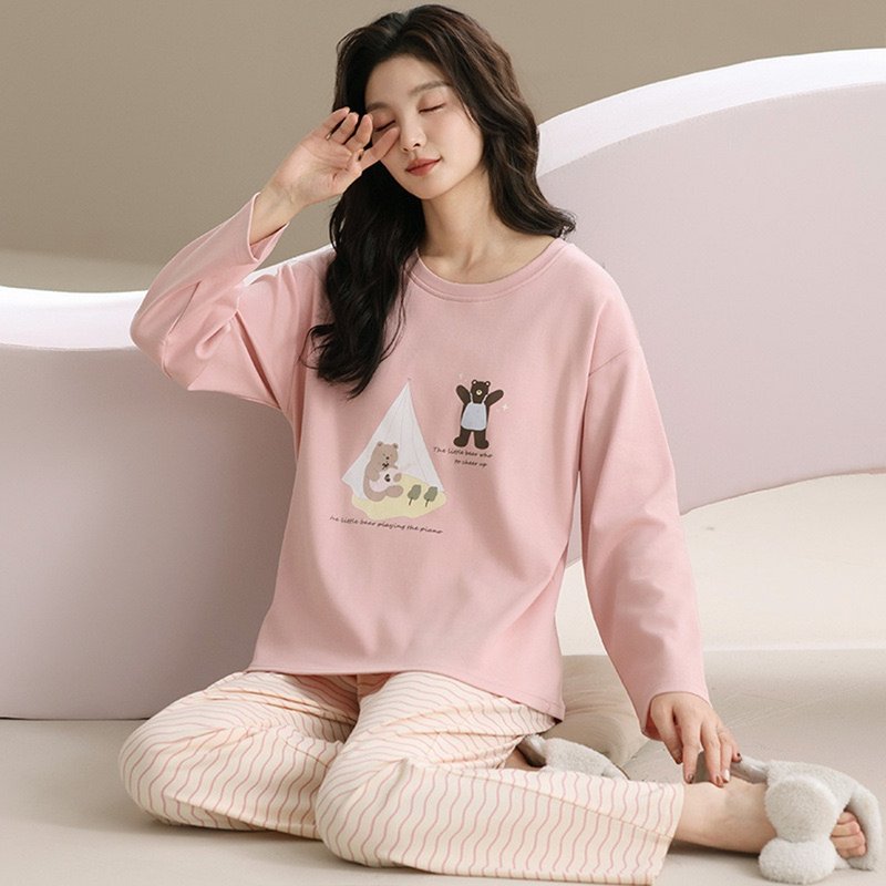 Pink Lady 罩杯式双面棉 小熊野趣 长袖成套睡衣秋冬两件式居家服 - 居家服/睡衣 - 其他人造纤维 粉红色