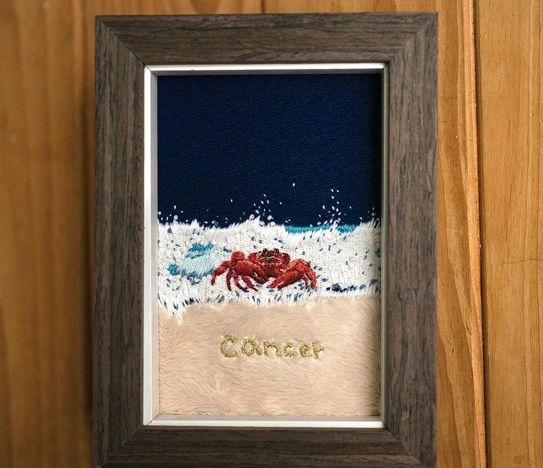 9pmcraft / 立体海浪叠绣与布料层次 / Cancer 巨蟹座刺绣画 - 摆饰 - 绣线 多色