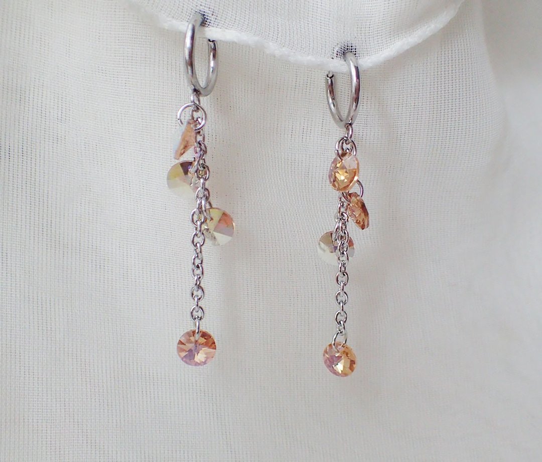 圆点点, 施华洛世奇元素 & 不锈钢 耳夹 耳环 (一对) - 耳环/耳夹 - 玻璃 卡其色