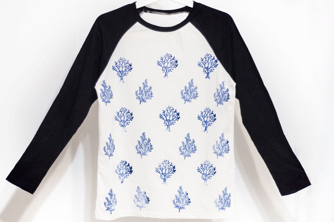 女装纯棉长袖棒球装上衣 黑白撞色印花T-shirt-树木 森林 植物系 - 女装上衣 - 其他材质 多色