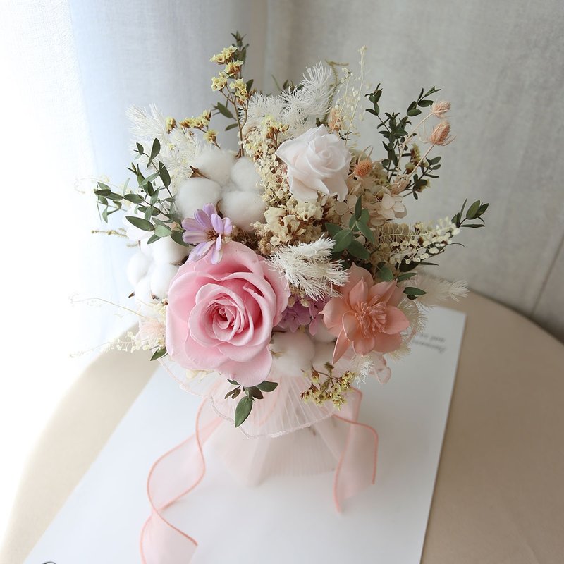 NO16粉黄色系捧花/ 干燥花+永生花捧花 新娘捧花 新娘花束 - 画框/相框 - 植物．花 