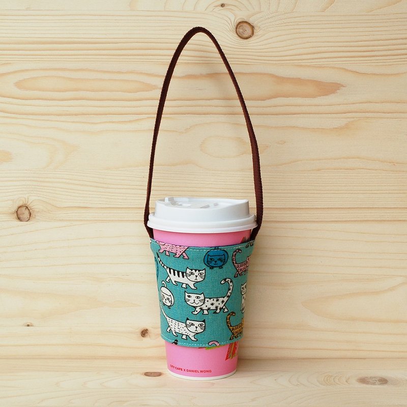 猫咪散步去饮料提袋/杯套 - 随行杯提袋/水壶袋 - 棉．麻 蓝色