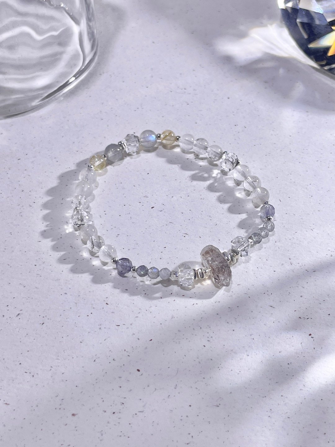 s925 纯银 闪灵钻 | 灰月光 | 白幽灵 | 金发晶 | 堇青石 | 水晶手链 A21 - 手链/手环 - 水晶 白色