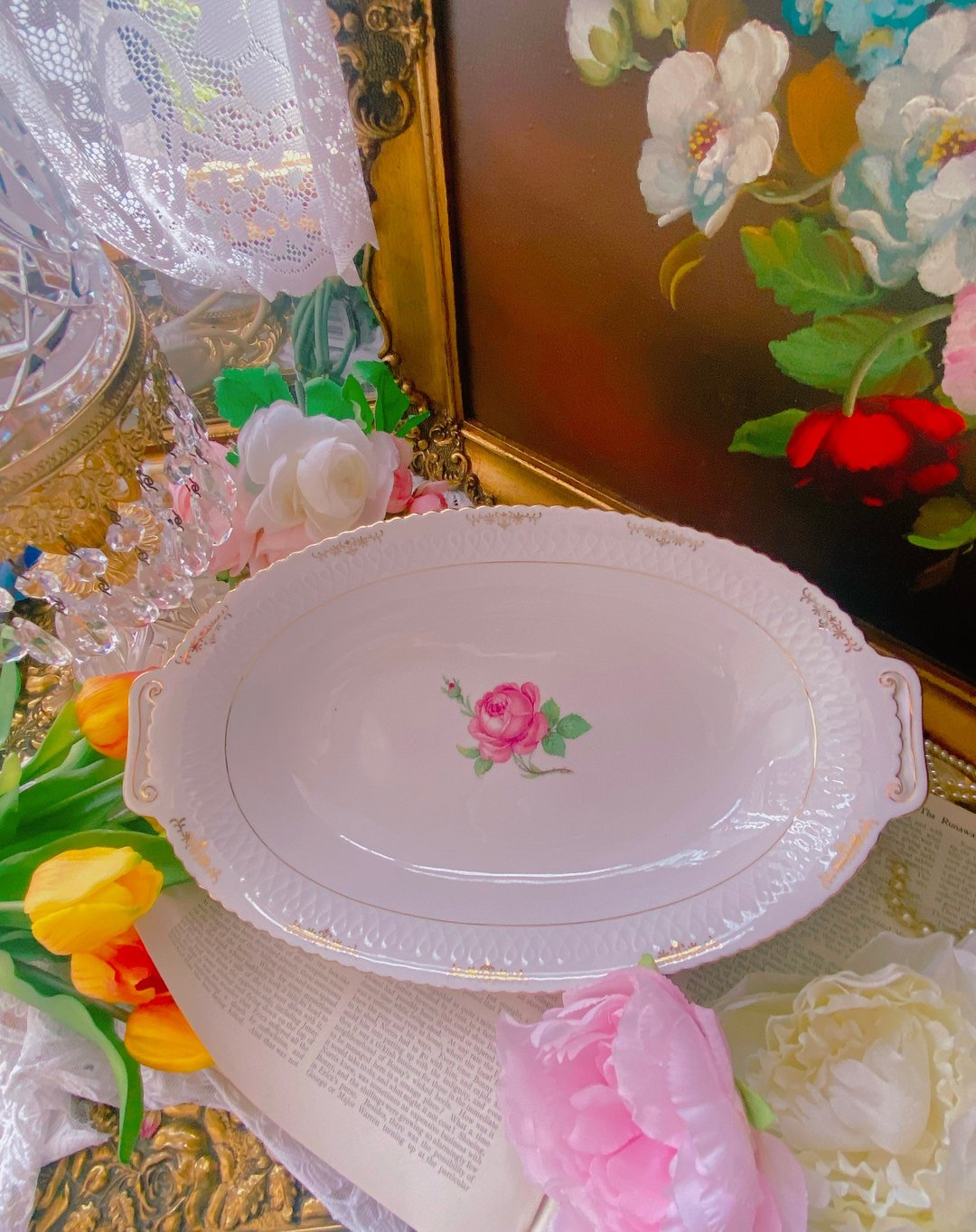 1950年德国百年手工手绘骨瓷大尺寸水果盅面包盅库存品 - 碗 - 瓷 粉红色