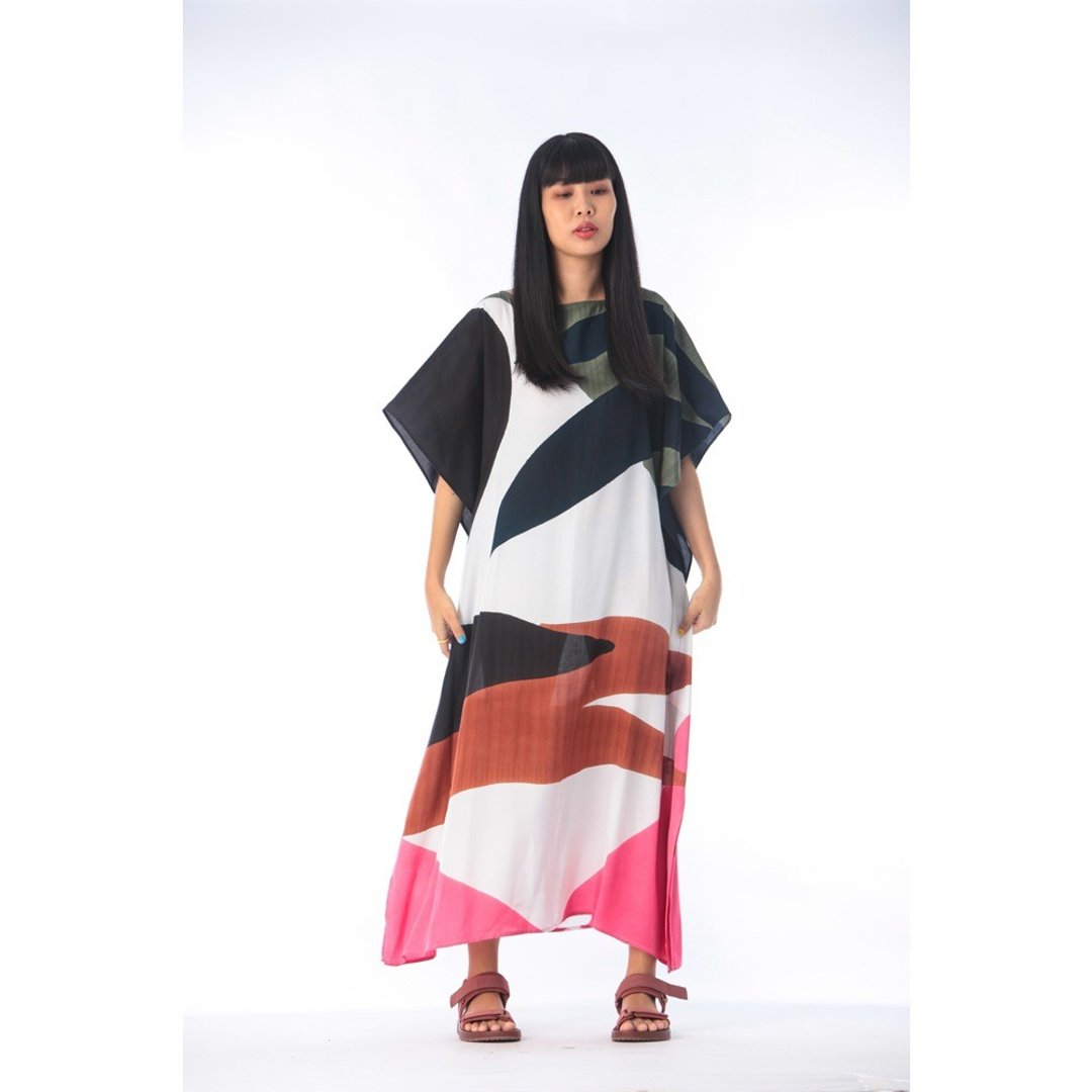 Hand Painted Cotton Silk Kaftan for Summer Resort Vacation F - 洋装/连衣裙 - 棉．麻 粉红色