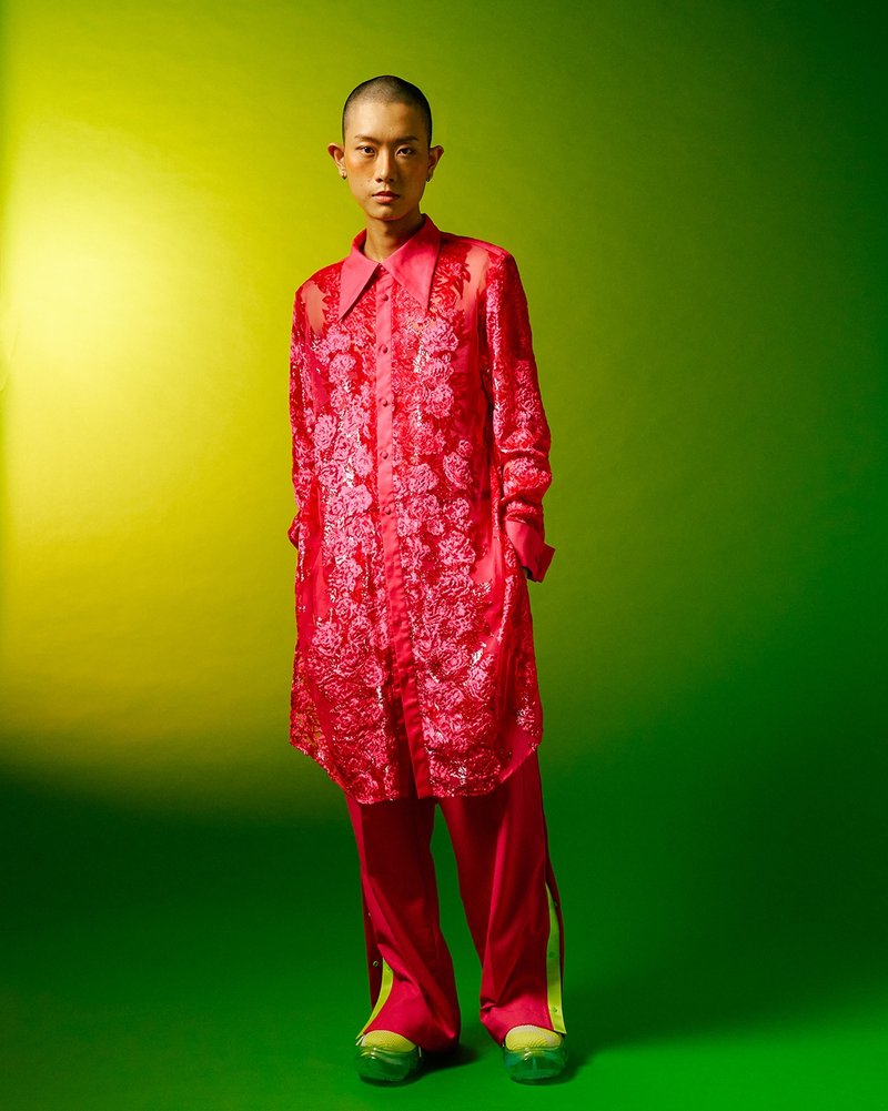 桃红植绒花雪纺长版衬衫 - 男装衬衫 - 聚酯纤维 红色