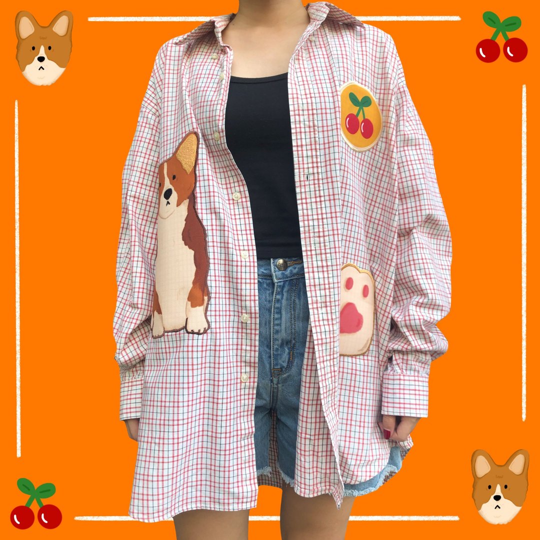 Say hi! With Corgi Shirt - 女装衬衫 - 其他材质 粉红色